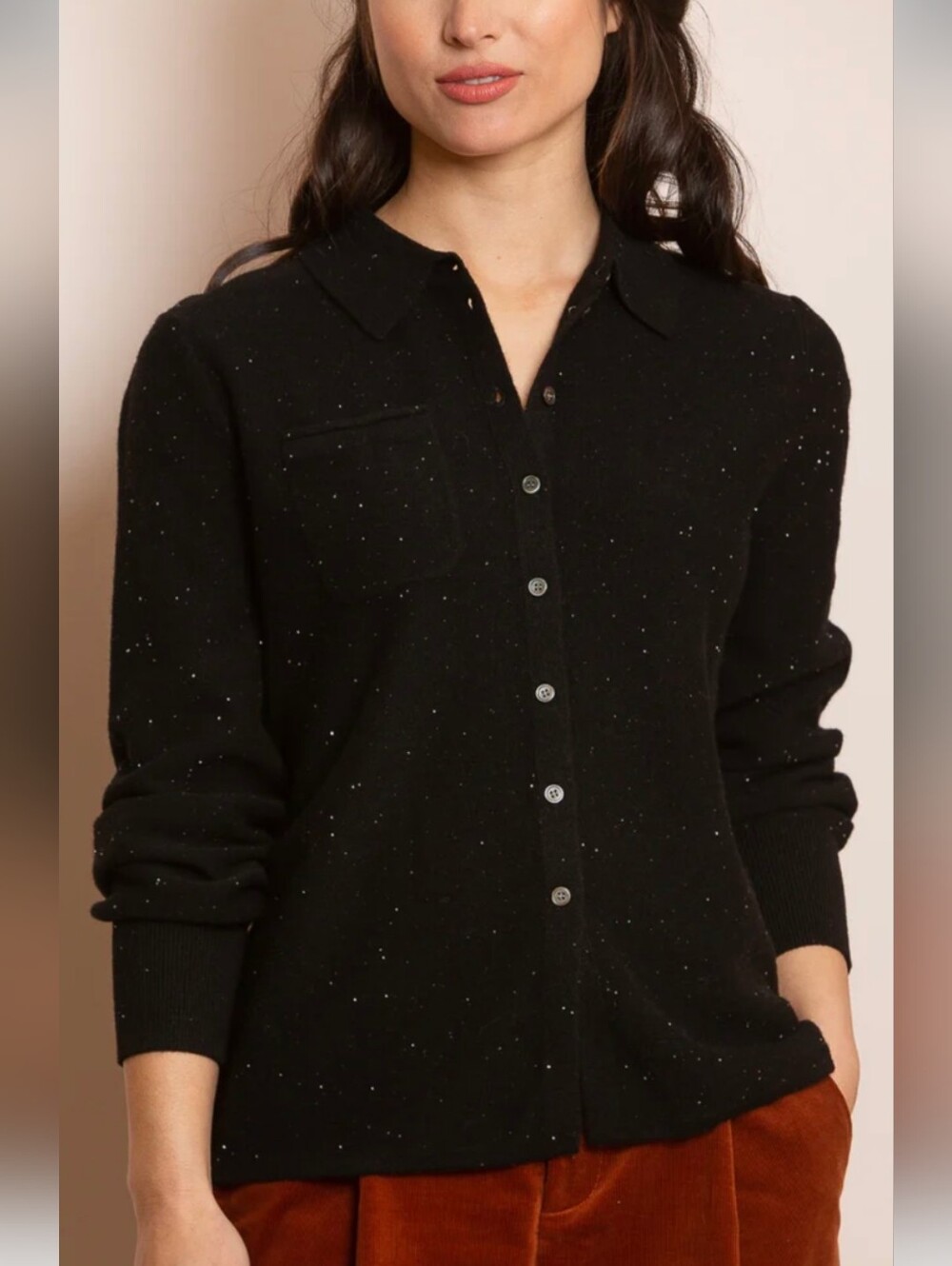 Jessie Liu Womens Black Sequin Speckled Button-Front Shirt 100% Merino Wool Sz L